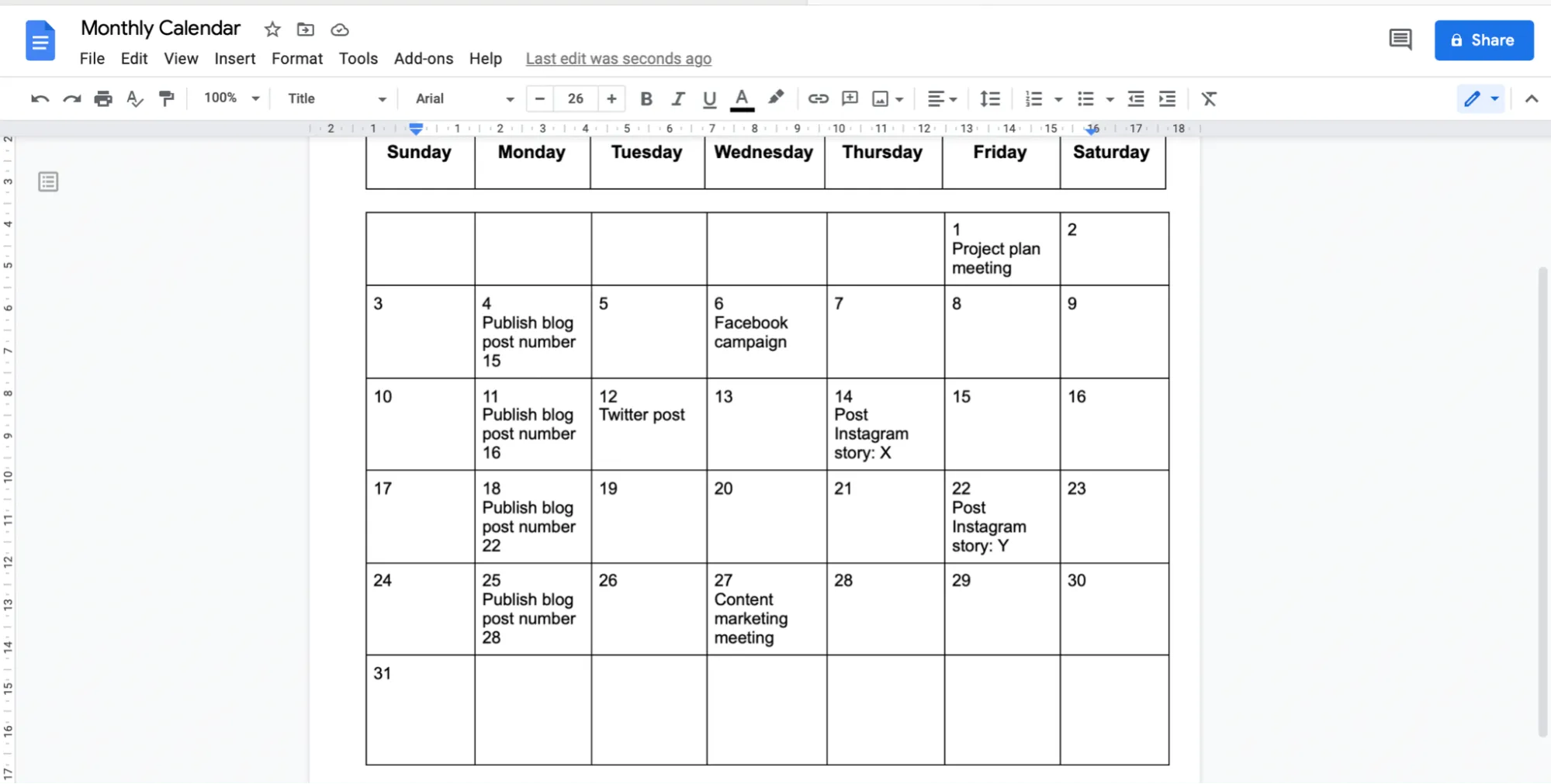 Inhaltskalender in Google Doc