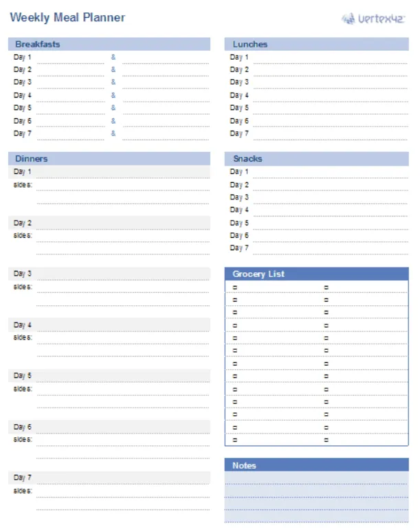 Modèle Excel de planificateur de repas hebdomadaire par Vertex42
