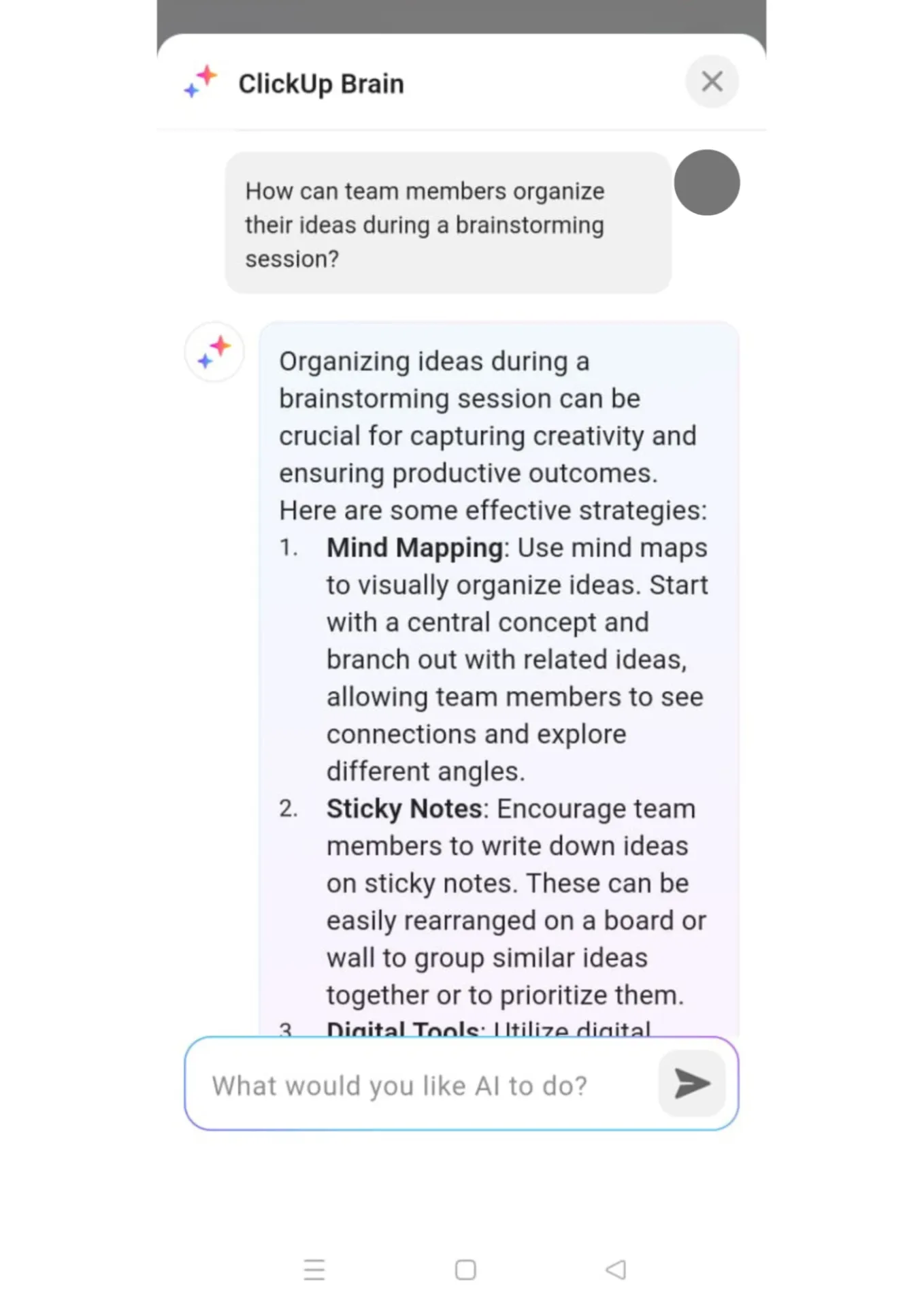 Indique a ClickUp Brain que te dé respuestas para cualquier cosa: cómo usar Gemini en Android.