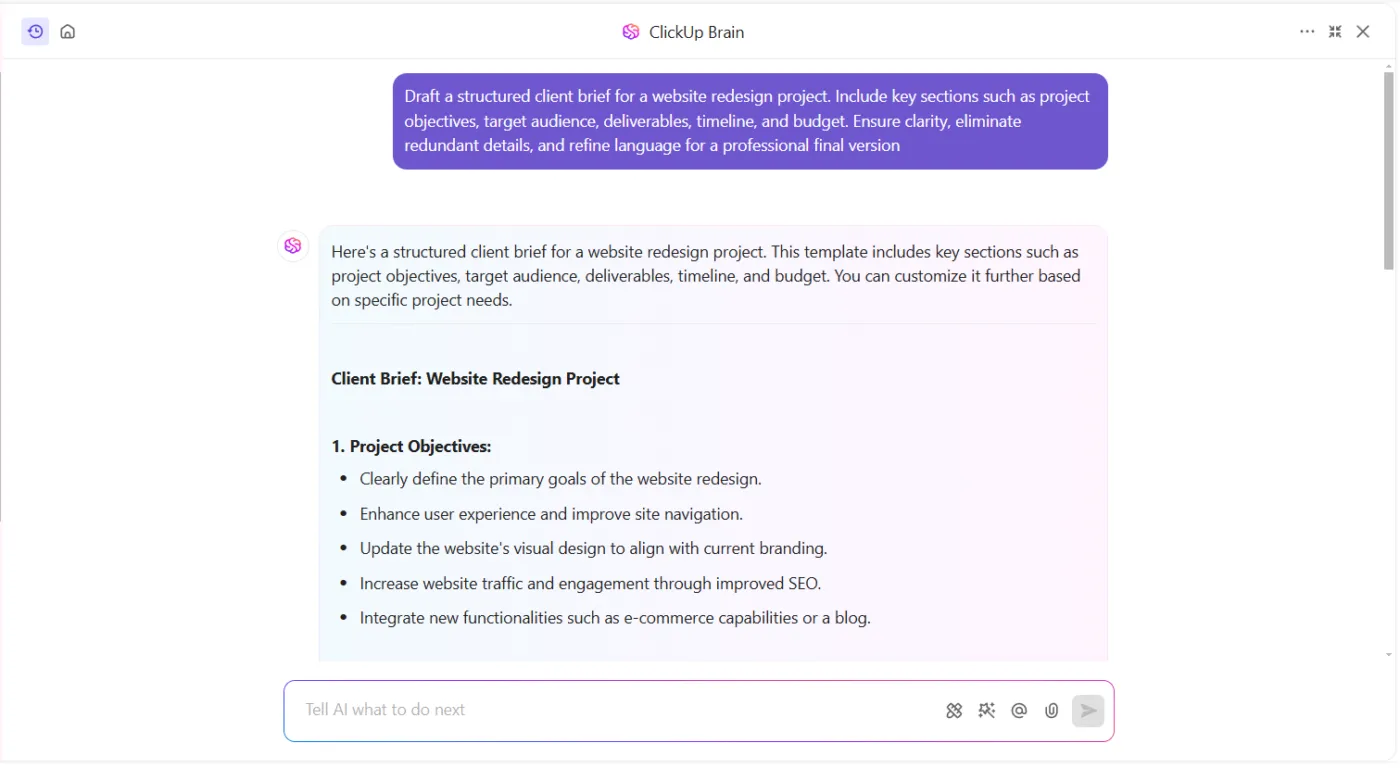 Redacta informes de clientes sin esfuerzo con ClickUp Brain.