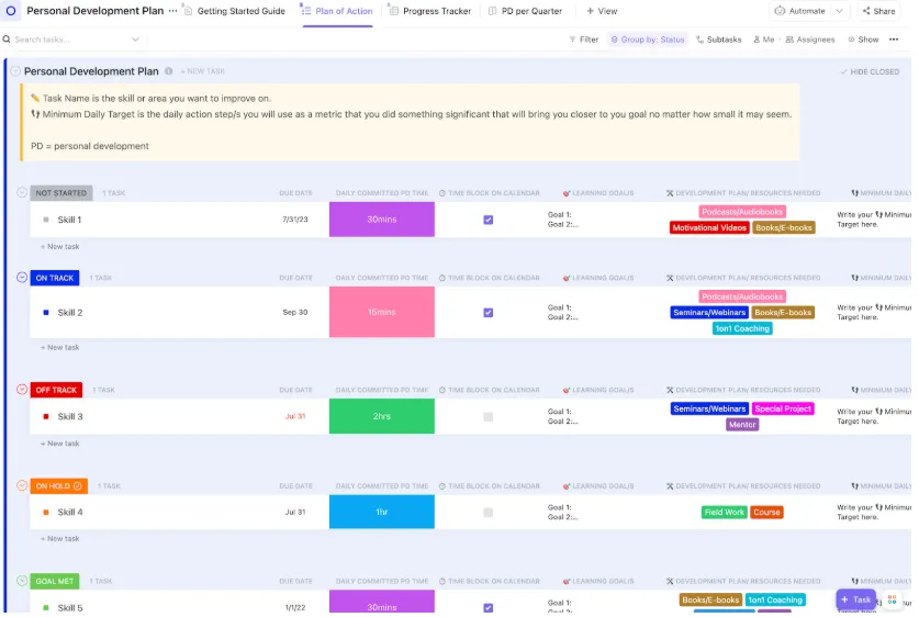 เทมเพลตแผนพัฒนาตนเอง ClickUp ; เทมเพลตความท้าทายด้านทักษะอ่อน 75 แบบ ฟรี