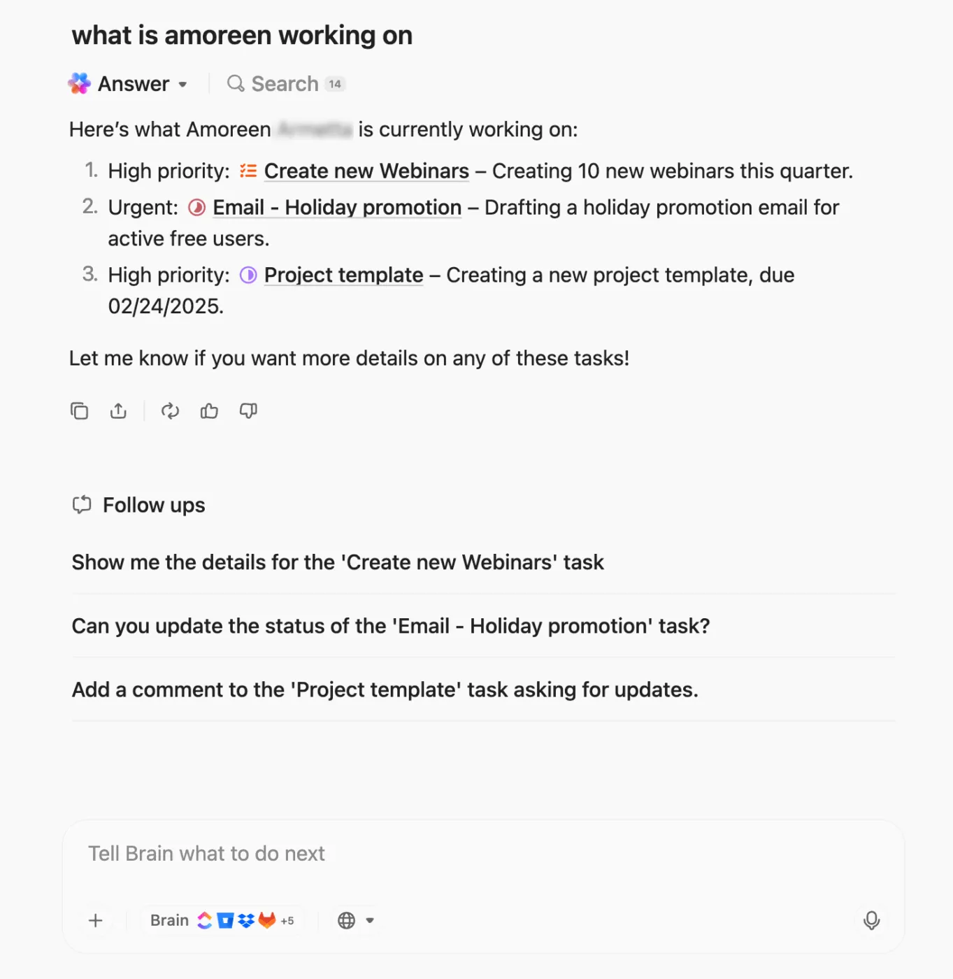 ClickUp Brain MAX cung cấp chi tiết công việc