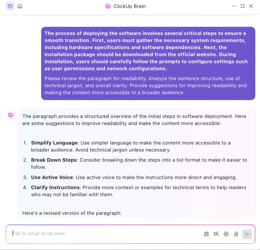 ClickUp Brain을 사용하여 콘텐츠의 가독성을 확인하세요