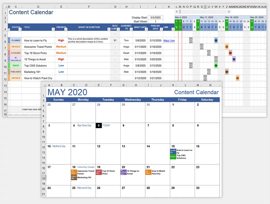Ejemplo de plantilla de calendario de contenido para redes sociales en Excel