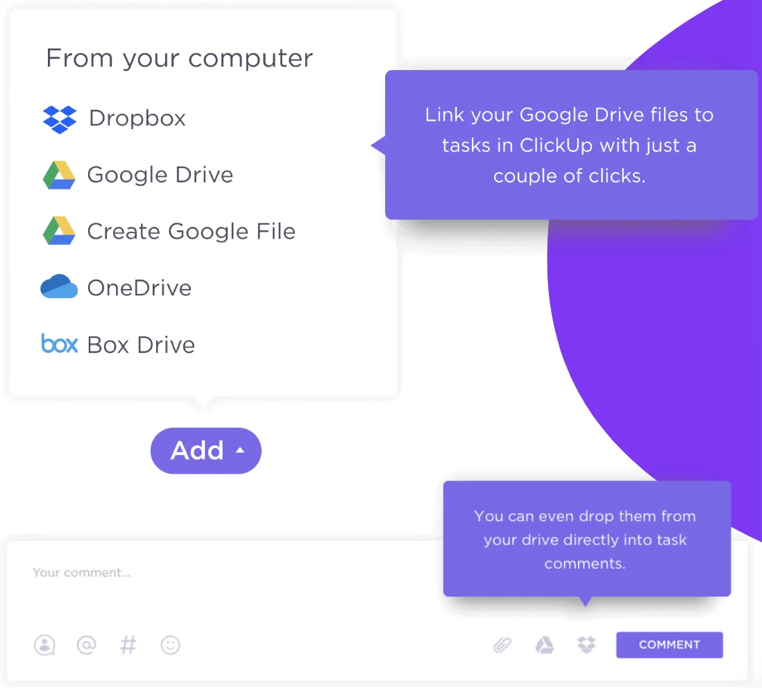 Tận dụng sức mạnh hợp tác giữa các nền tảng đám mây của Tích hợp Google Drive của ClickUp