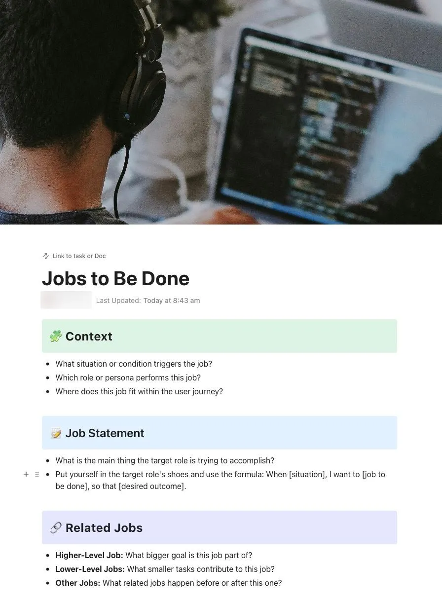ClickUpの「Jobs To Be Done」テンプレート