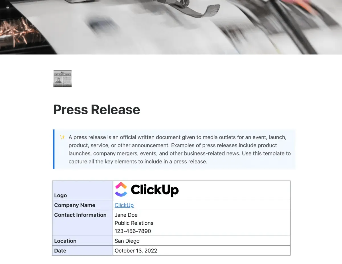 สร้างข่าวประชาสัมพันธ์ที่ดีด้วยเทมเพลตข่าวประชาสัมพันธ์ของ ClickUp