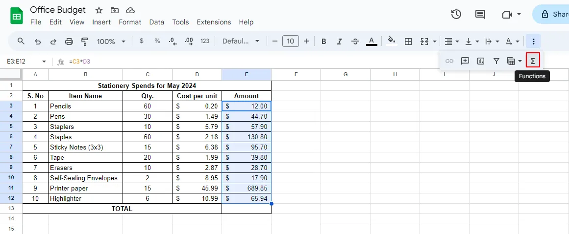 การรวมค่าในคอลัมน์โดยใช้แถบเครื่องมือ วิธีรวมค่าในคอลัมน์ใน Google Sheets ภาพหน้าจอ 1