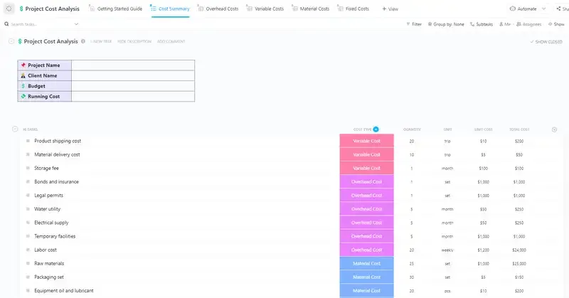 Die Projektkostenanalyse-Vorlage von ClickUp wurde entwickelt, um Ihnen dabei zu helfen, alle mit einem Projekt verbundenen Kosten zu verfolgen und zu verwalten.