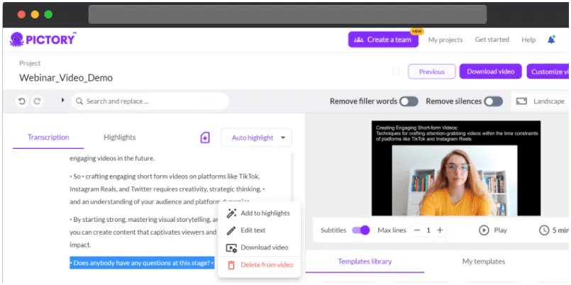 Pictory Dashboard: Generatív mesterséges intelligencia példák