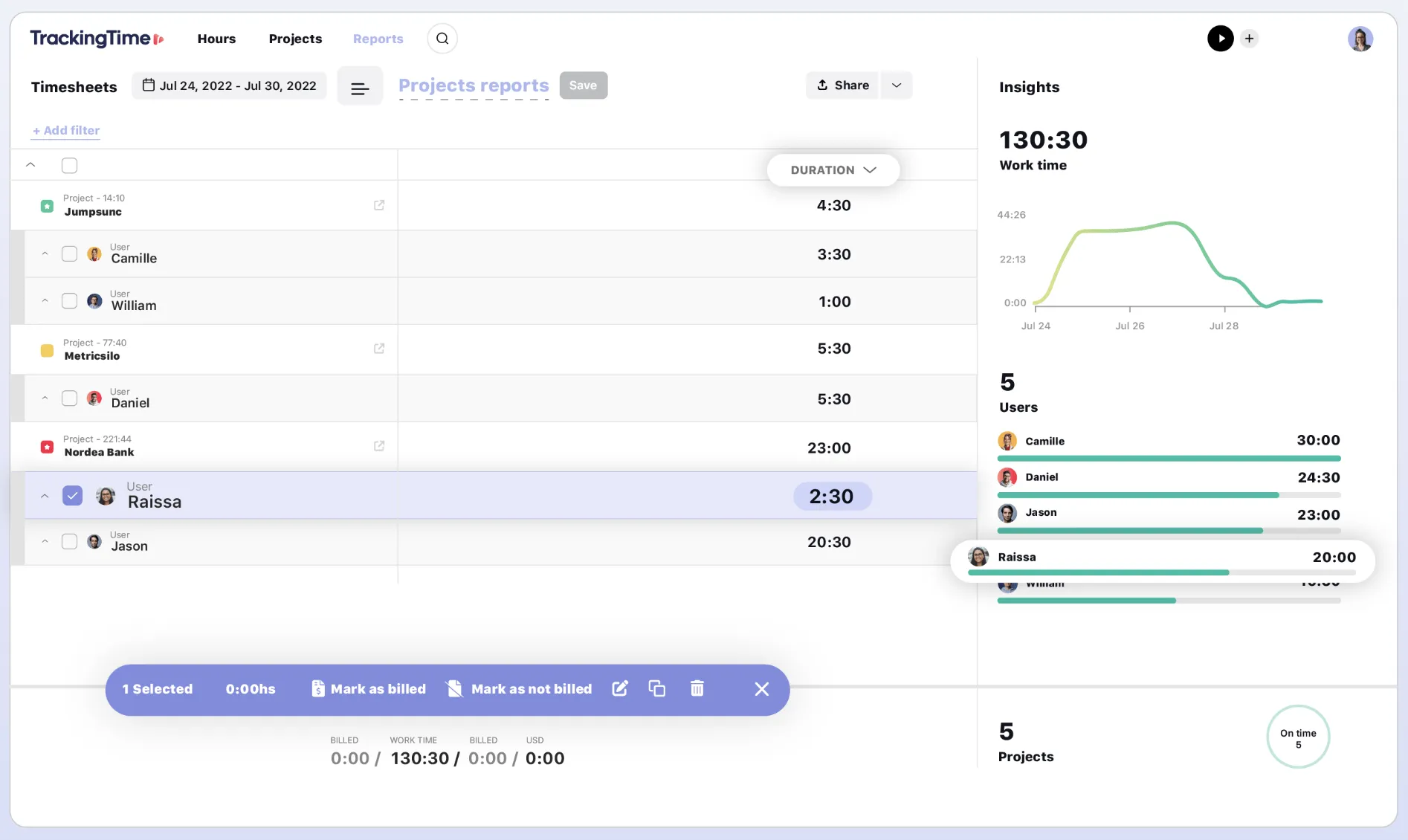 Visualizando planilhas de horas trabalhadas no aplicativo TrackingTime