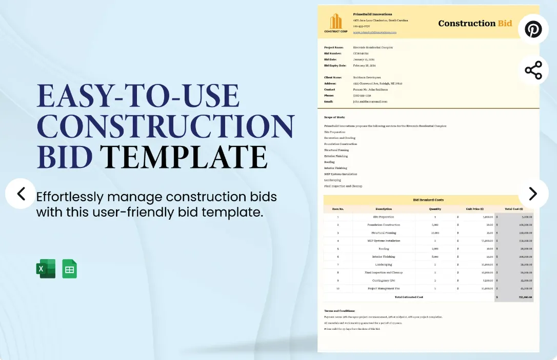 เทมเพลตการเสนอราคาสำหรับงานก่อสร้างใน Google Sheets โดย Template.net