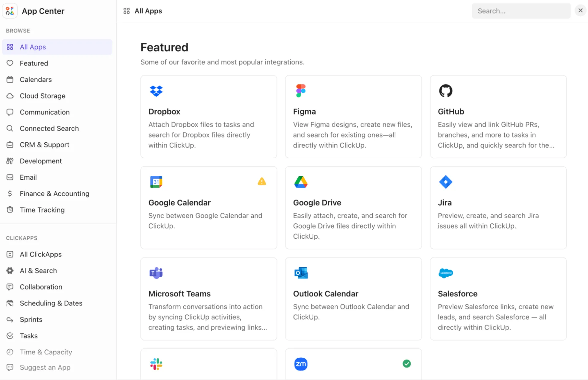 App Center: biblioteca unificada para gerenciar integrações de aplicativos ClickUp e extensões de IA.