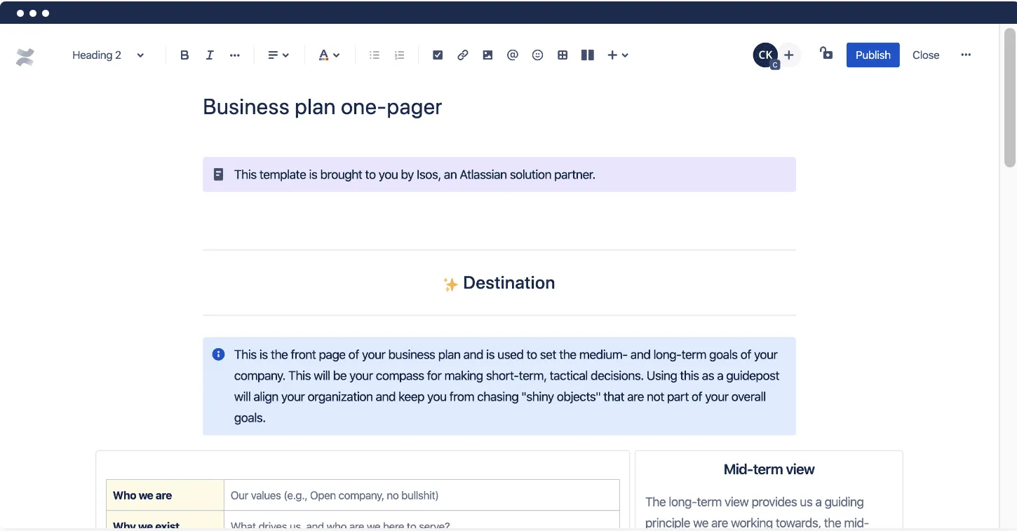 Plantilla de una página para el plan Business de Confluence