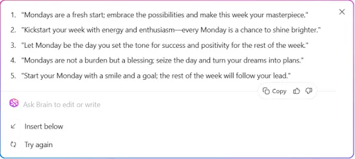 Utiliza ClickUp Brain para generar citas motivadoras únicas para el lunes.