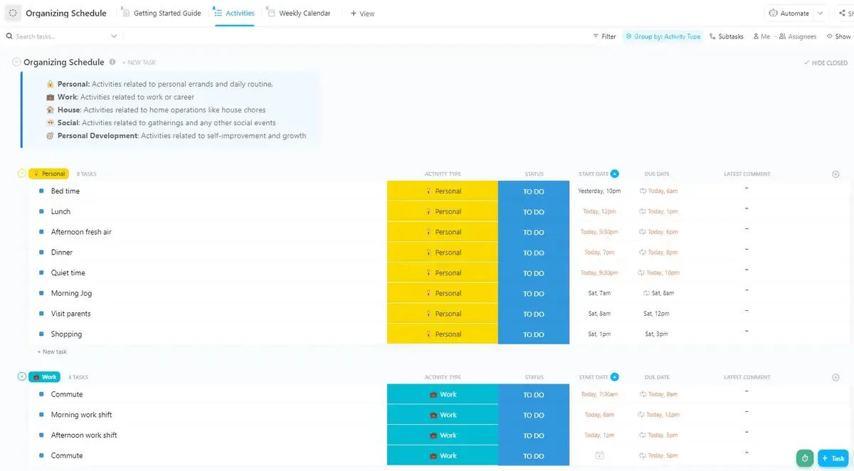 Organizza facilmente le tue attività quotidiane, personali o professionali, con il modello di pianificazione organizzativa di ClickUp.
