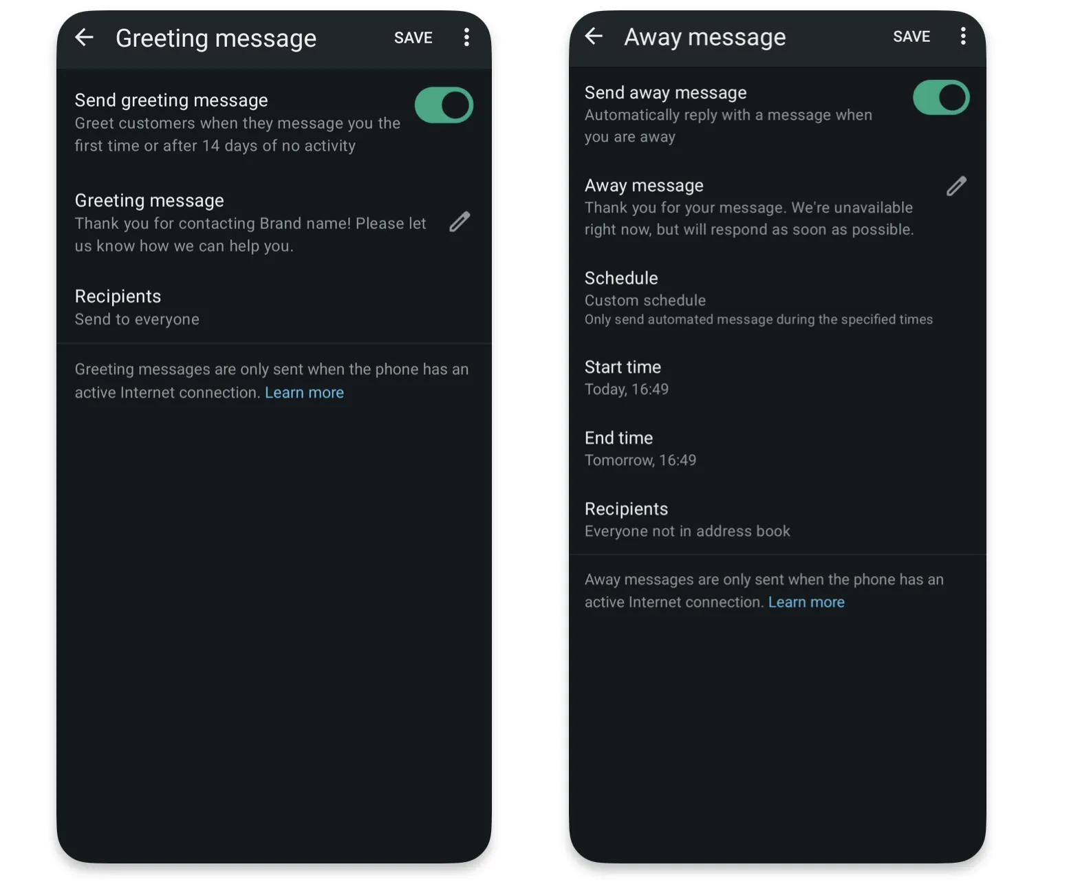 Benefícios do WhatsApp for Business: Mensagens automatizadas: mensagens de saudação e ausência