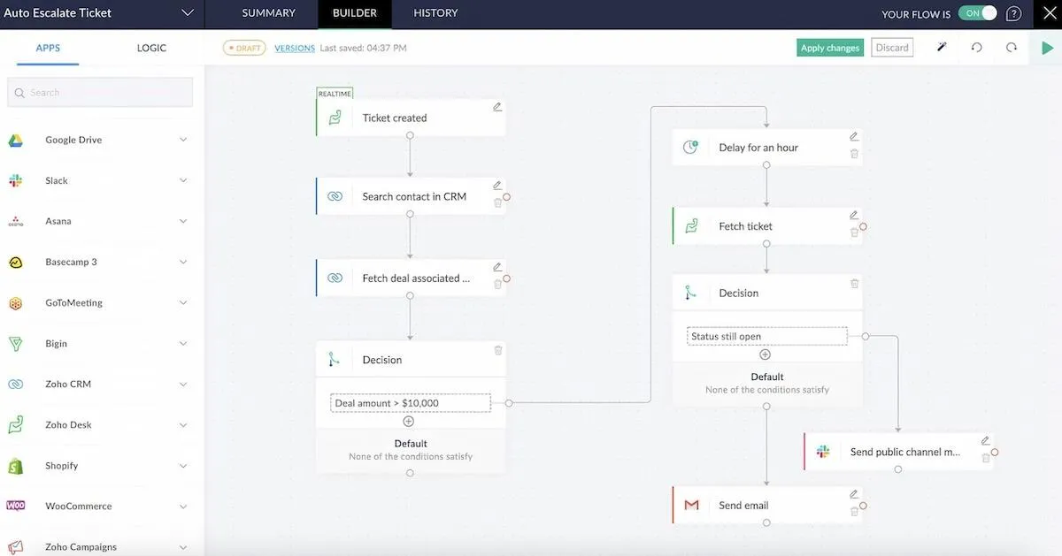 Uso del generador de arrastrar y soltar de Zoho para crear secuencias de desencadenantes