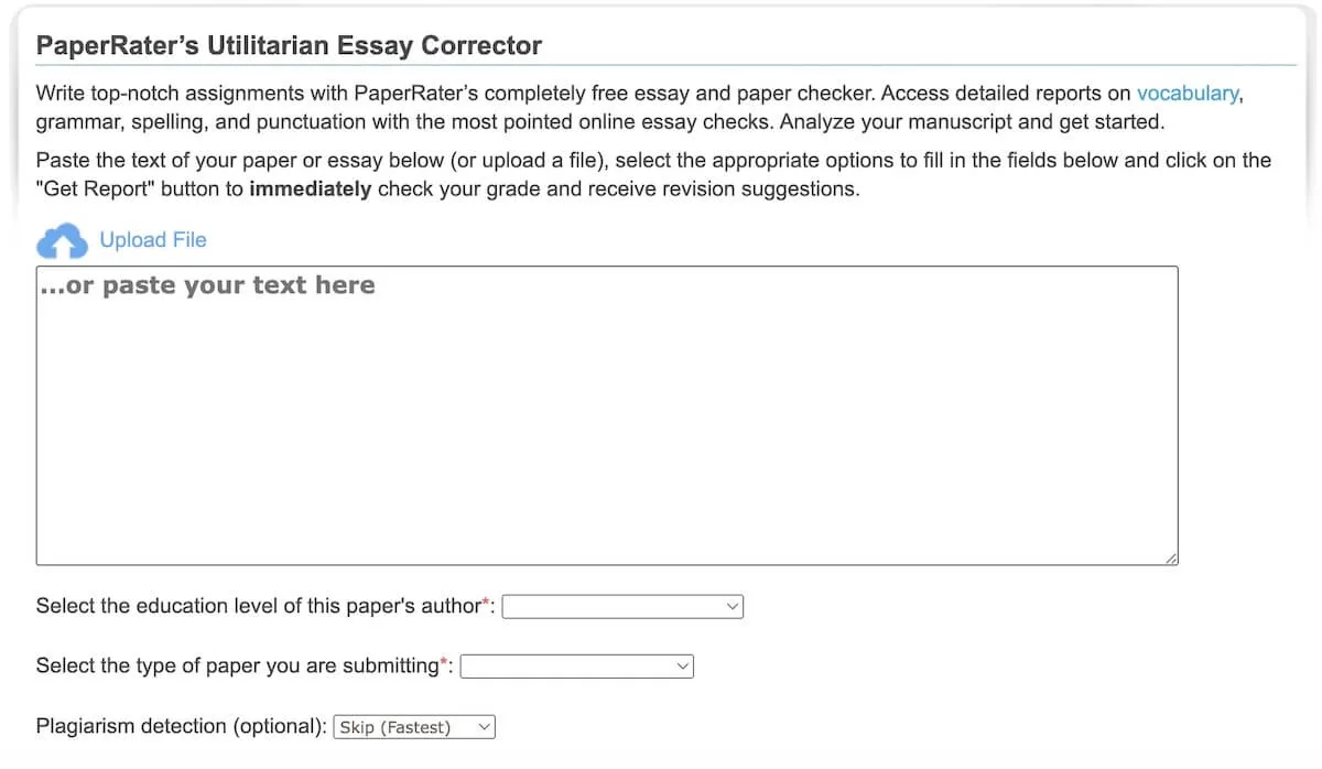 Alternativas a la aplicación Hemingway: página del corrector de ensayos utilitario de PaperRater.