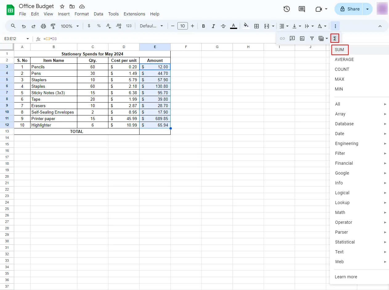 การรวมค่าในคอลัมน์โดยใช้แถบเครื่องมือ วิธีรวมค่าในคอลัมน์ใน Google Sheets ภาพหน้าจอ 2