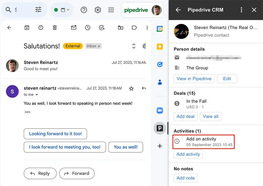 Ferramentas de CRM Pipedrive integradas à interface do Gmail