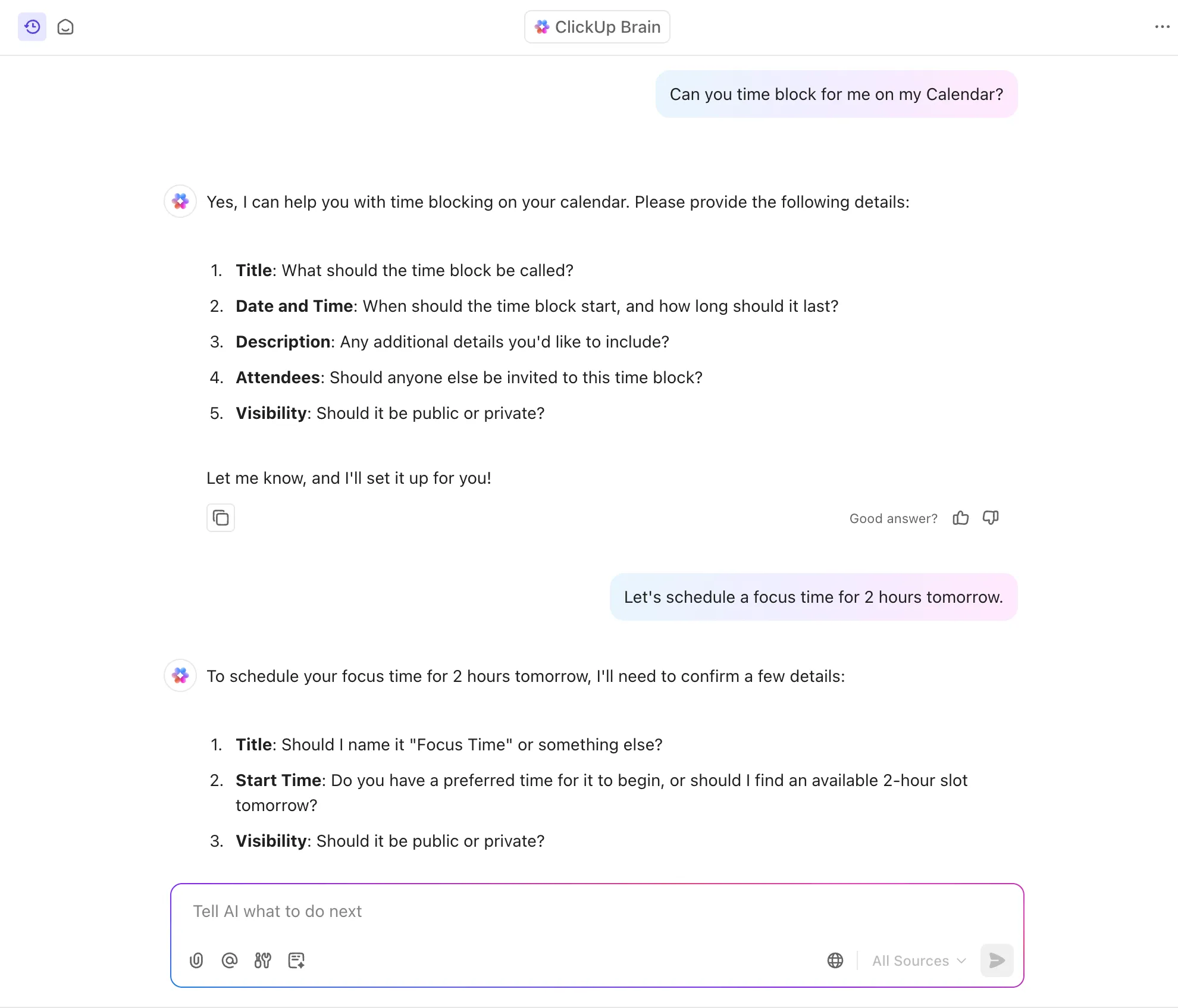 ClickUp Brain، احصل على تحديثات في الوقت الفعلي حول المهام الحديثة والقادمة، واحجز وقتًا لأي شيء معلق أو مهم: تطبيق تقويم خاص