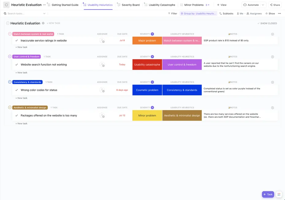 Modello di valutazione euristica ClickUp