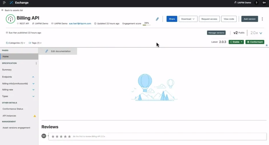 Utilizzo di un'API di fatturazione in Anypoint Platform Exchange