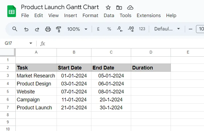 Installation des données du projet : diagramme de Gantt Google Sheets