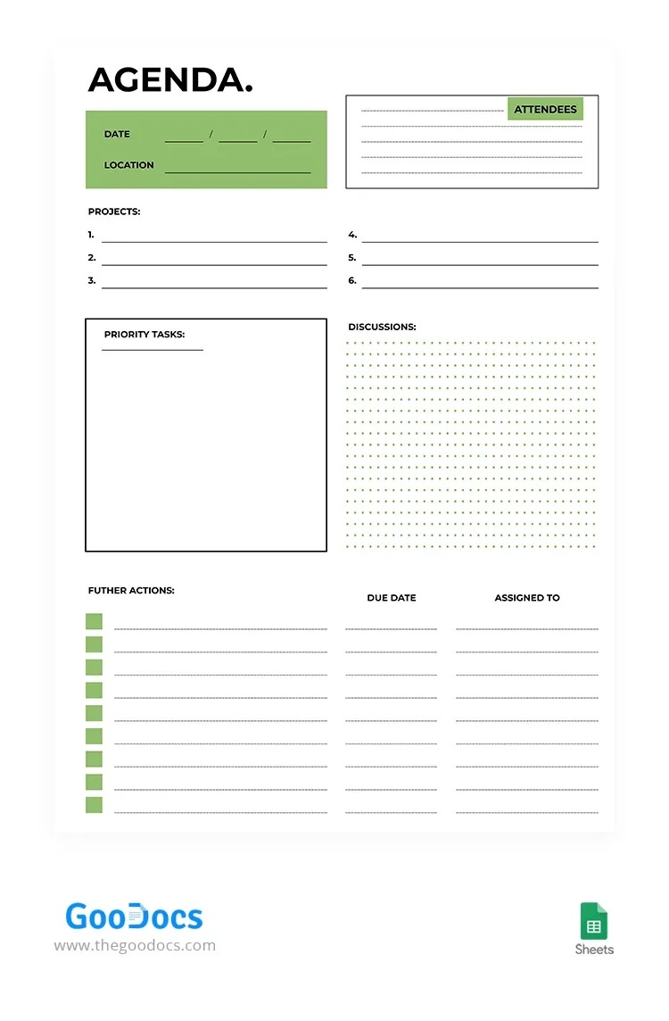 Šablona jednoduchého programu schůzky v Google Sheets od GooDocs