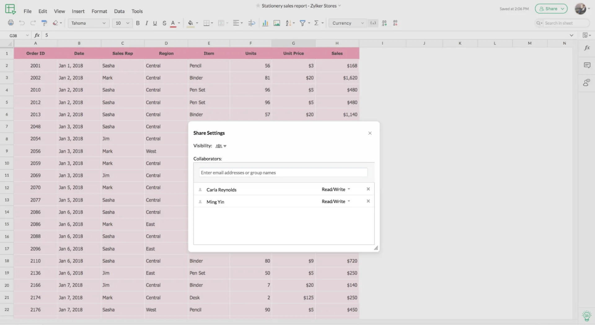 Dashboard di Zoho Sheet