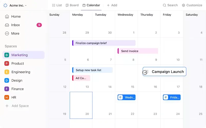 Vue Calendrier de ClickUp