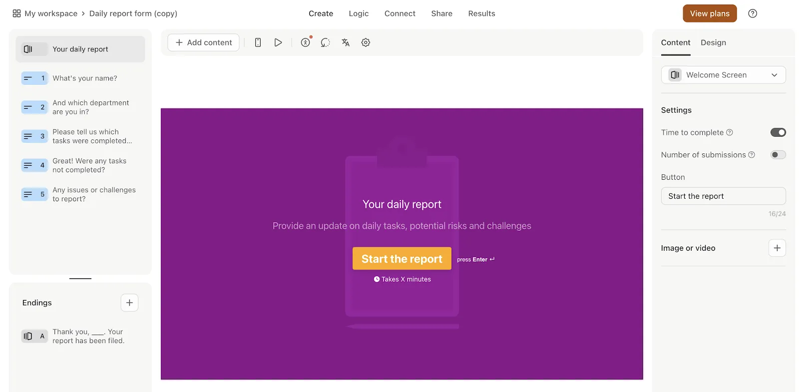 Modèles Typeform : modèle de formulaire de rapport quotidien