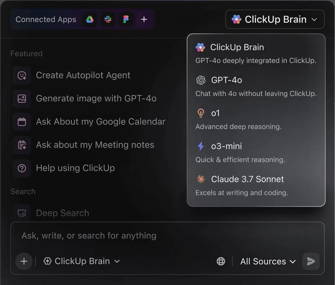 ClickUp Brain으로 모든 앱, 문서 등을 통합 관리하여 더 체계적인 결과물을 얻으세요.