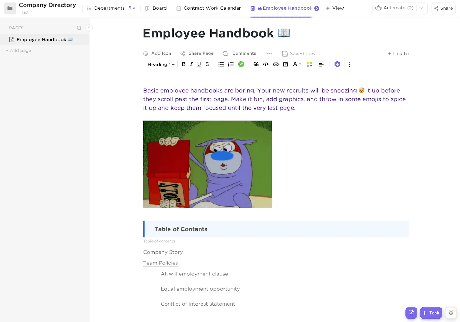 Trasmetti messaggi importanti in un formato non troppo noioso con il modello di manuale per i dipendenti di ClickUp.