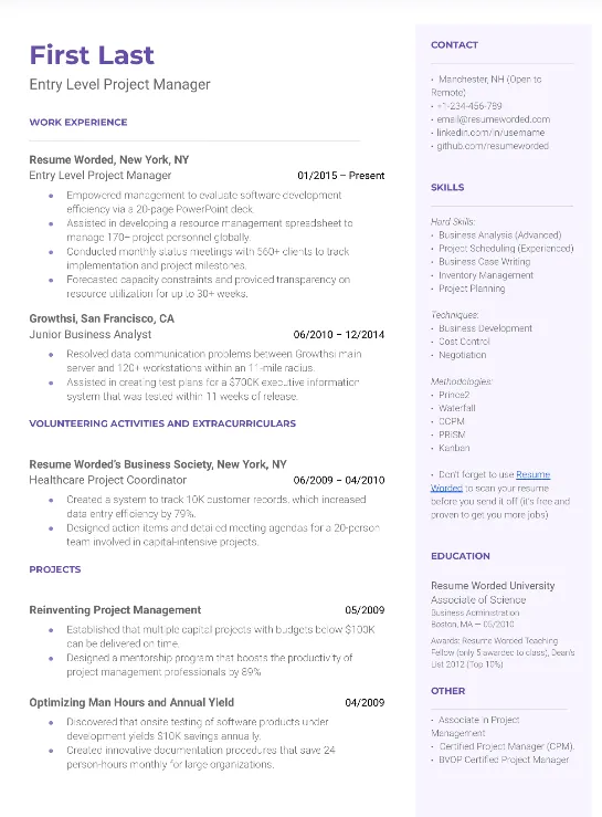 Modelo de currículo para gerente de projetos iniciante da Resume Worded