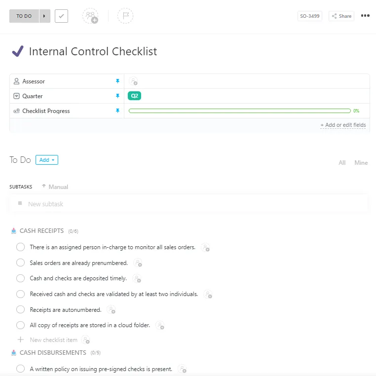 Modèle de checklist du contrôle interne ClickUp