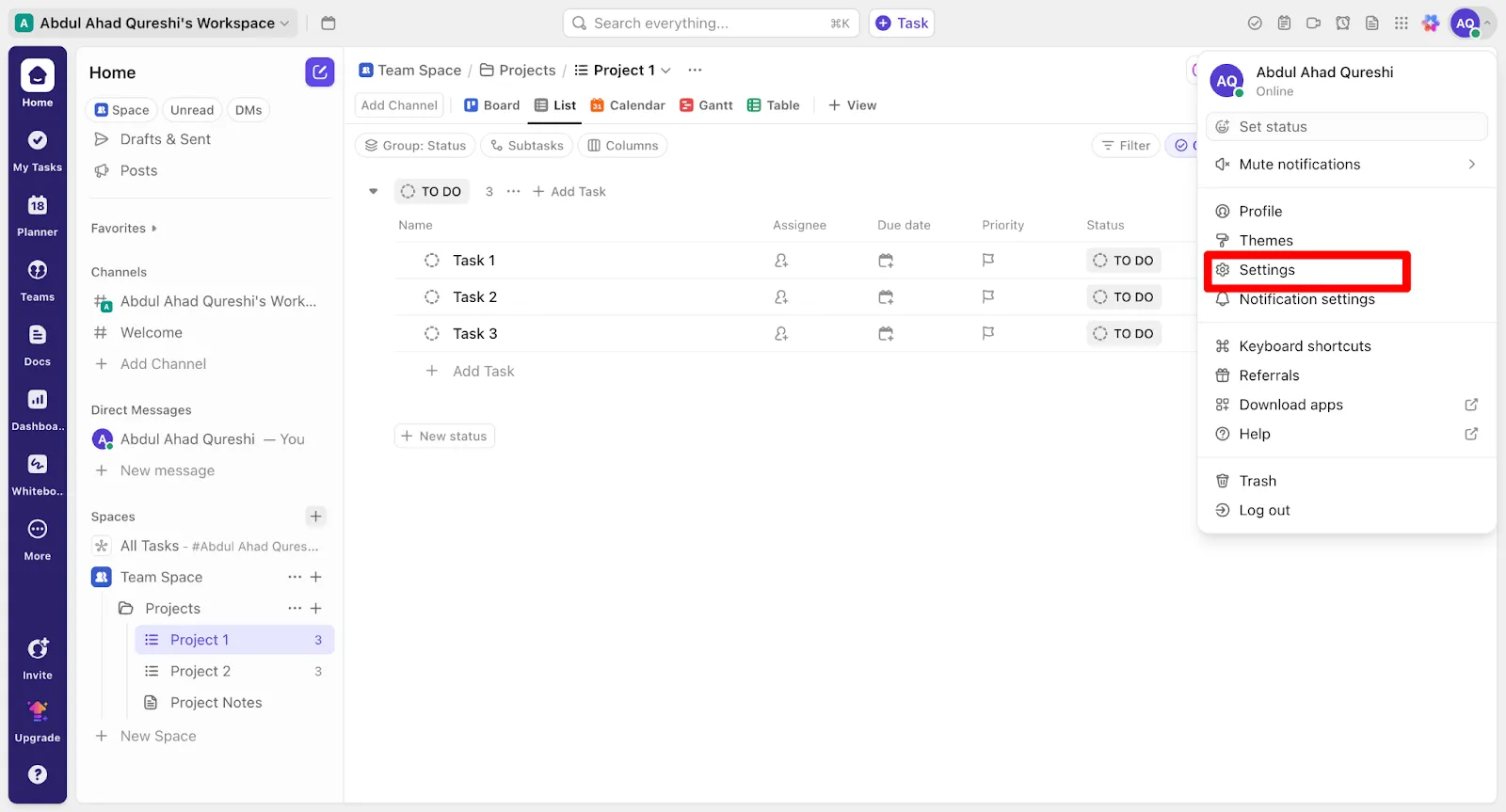 Accedi alle impostazioni di importazione in ClickUp