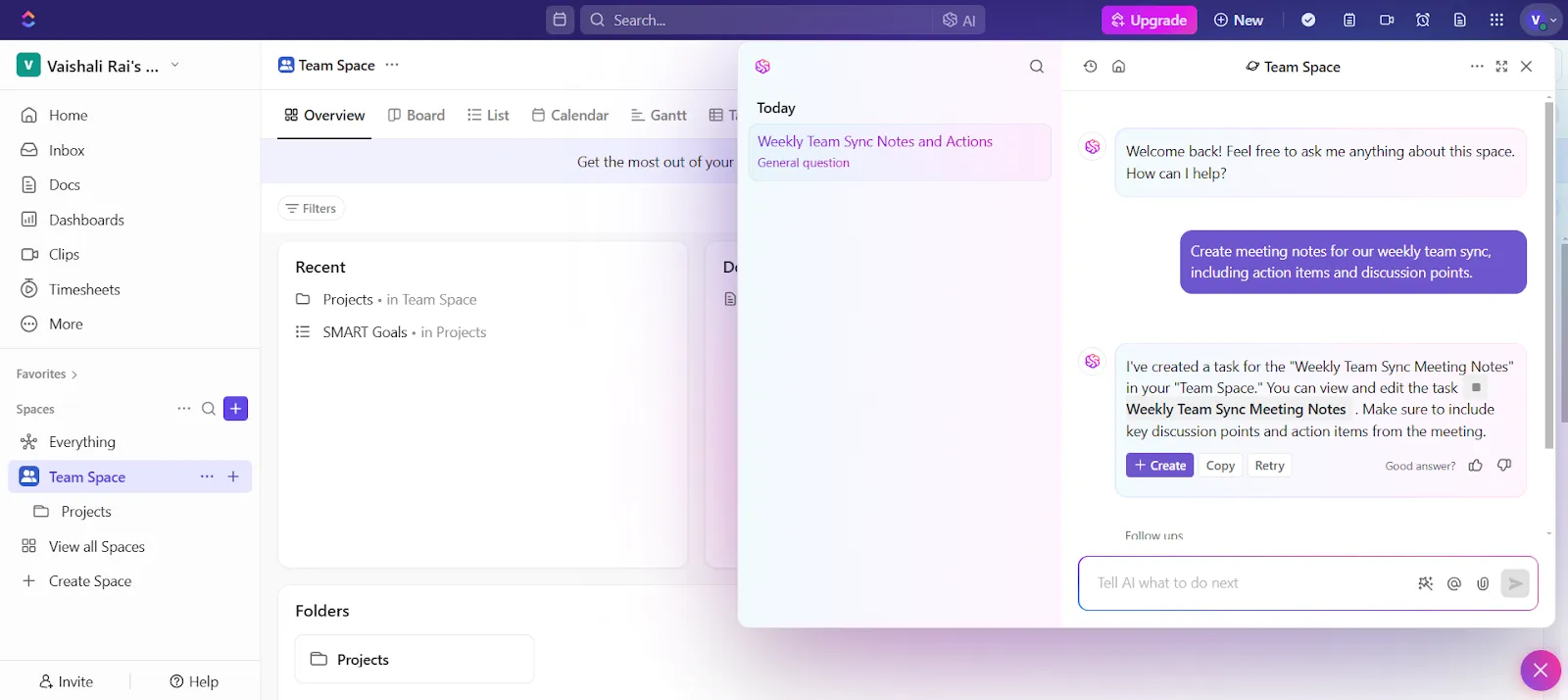 ClickUp Brain의 AI에게 물어보기