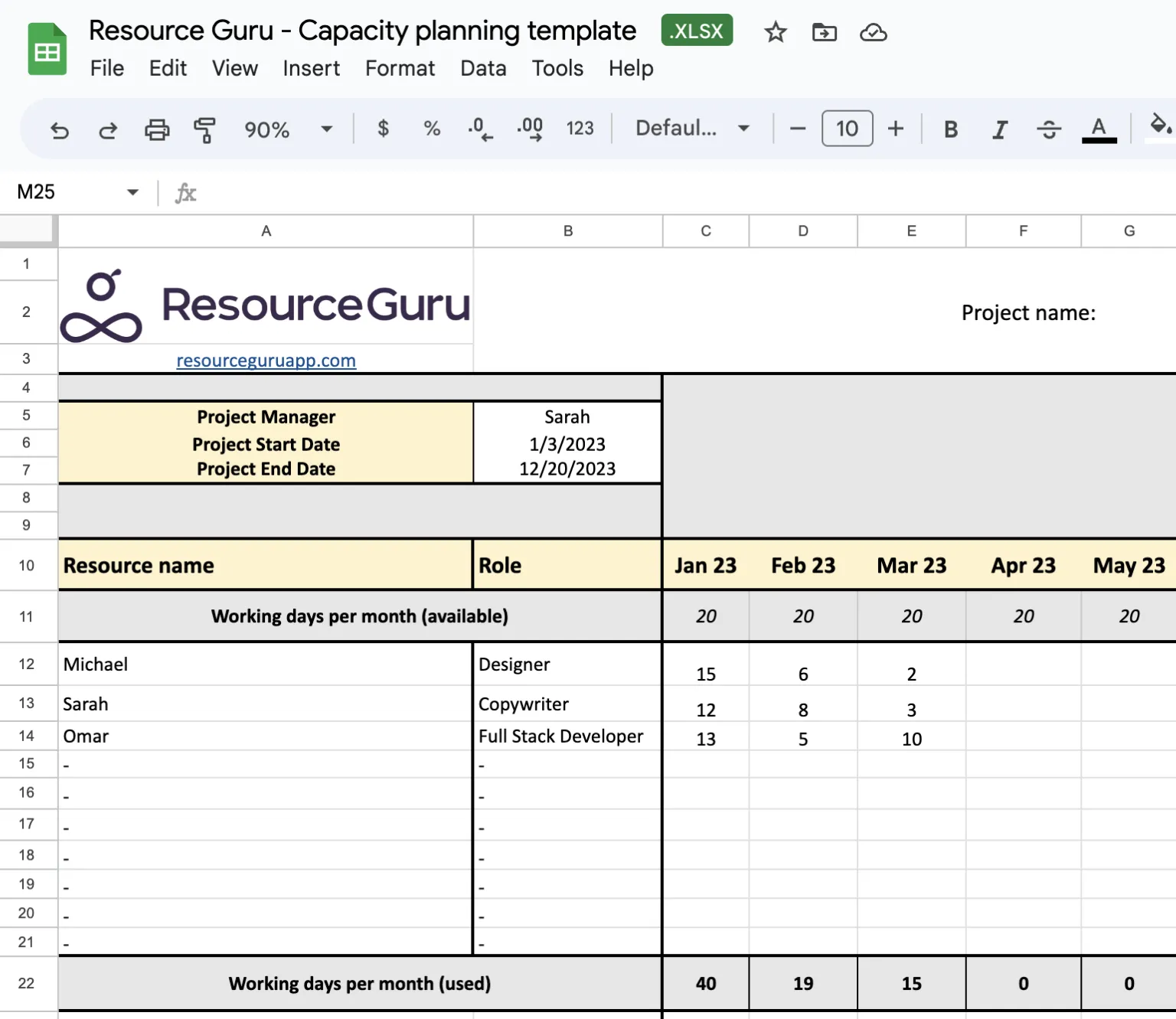 Modèle Excel de planification des capacités par Worklife : modèle Excel de planification des capacités