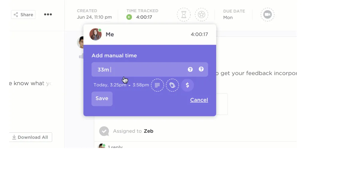 Tính năng theo dõi thời gian dự án của ClickUp
