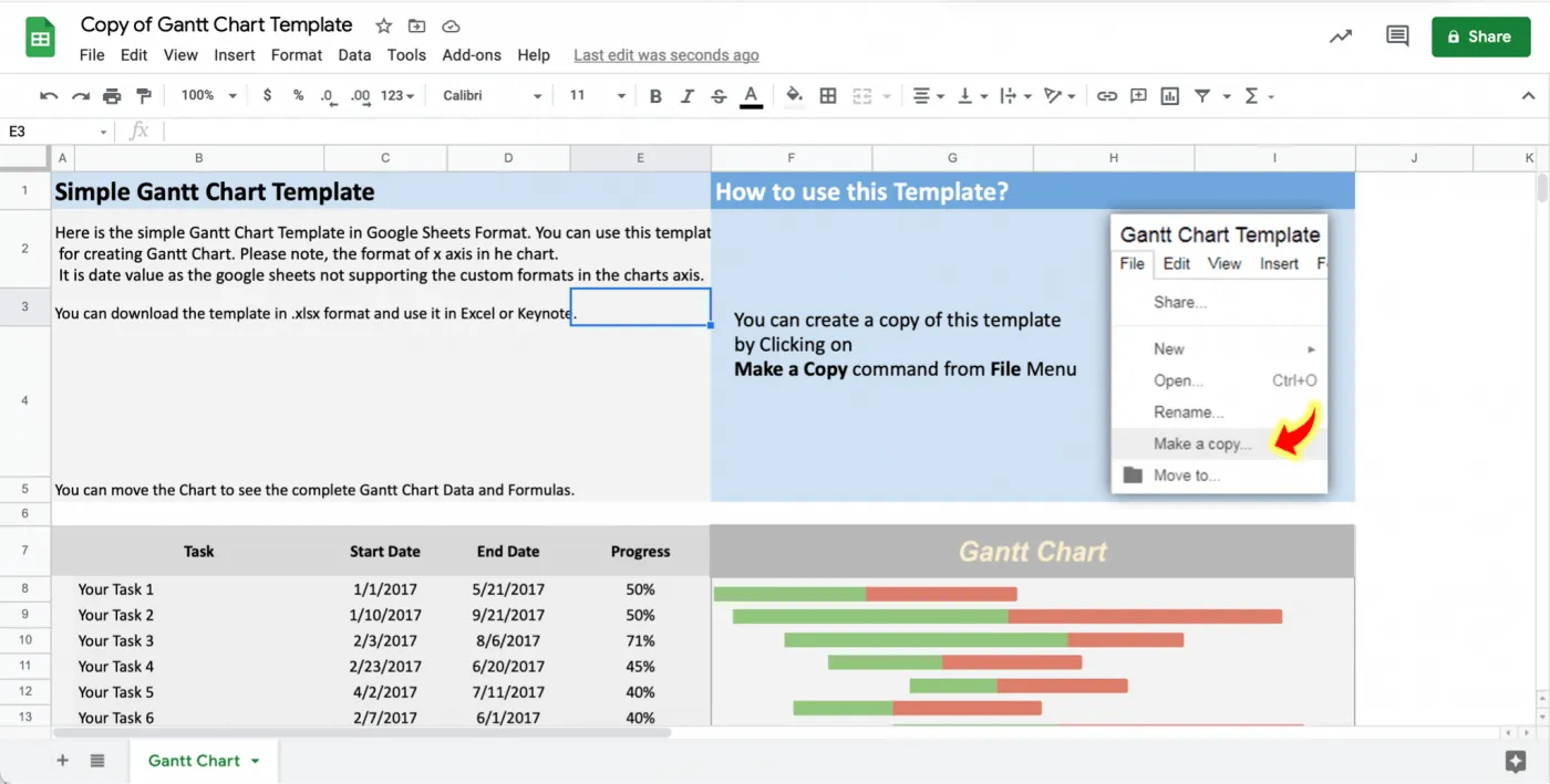 Plantilla de diagrama de Gantt para Hojas de cálculo de Google