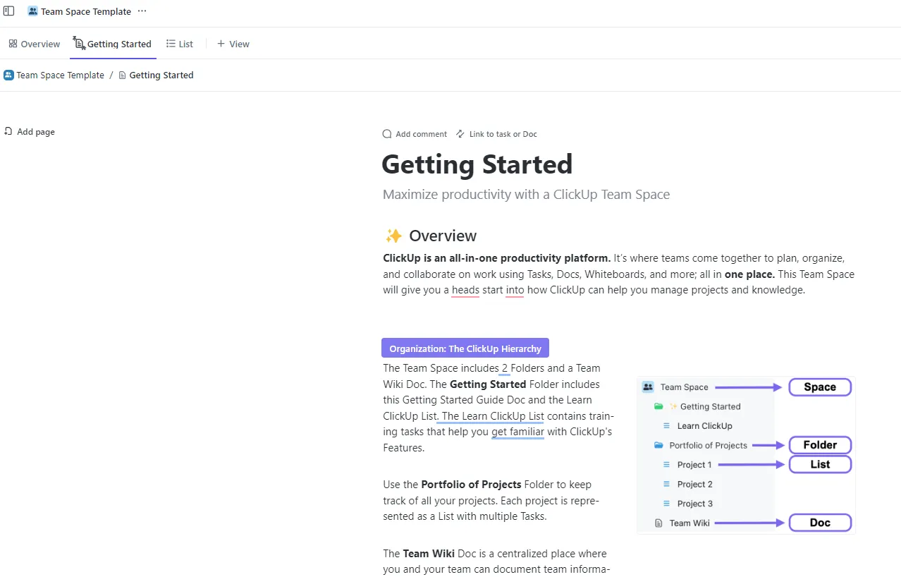 Crea spazi dedicati per i tuoi team con il modello ClickUp Team Space.