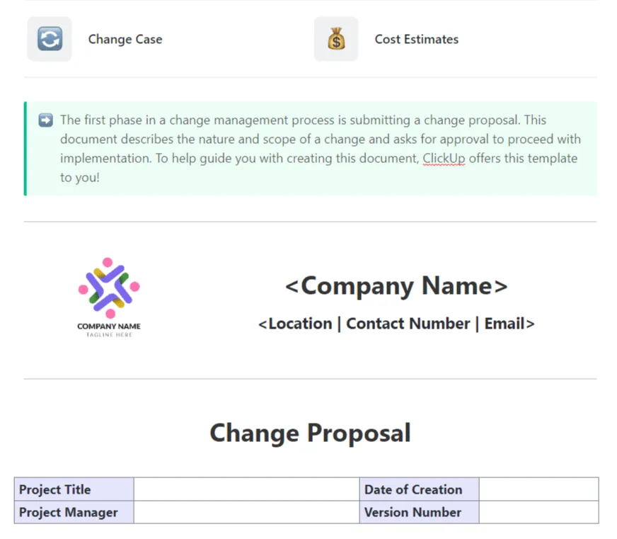 Modèle de proposition de modification ClickUp