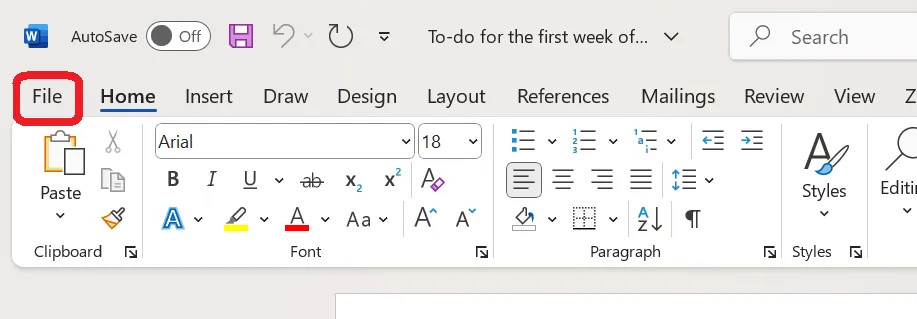 Cliquez sur Fichier dans Microsoft Word.