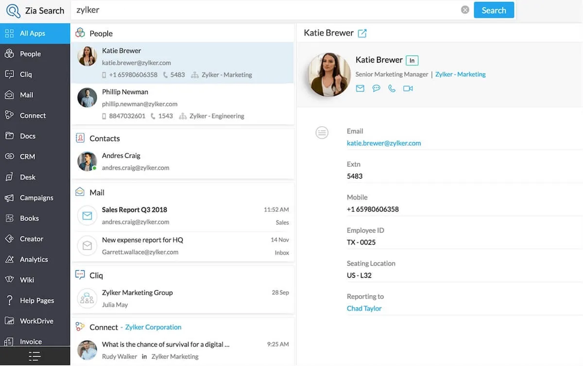 AI инструменти за CRM: екранна снимка на контактите на Zoho Zia