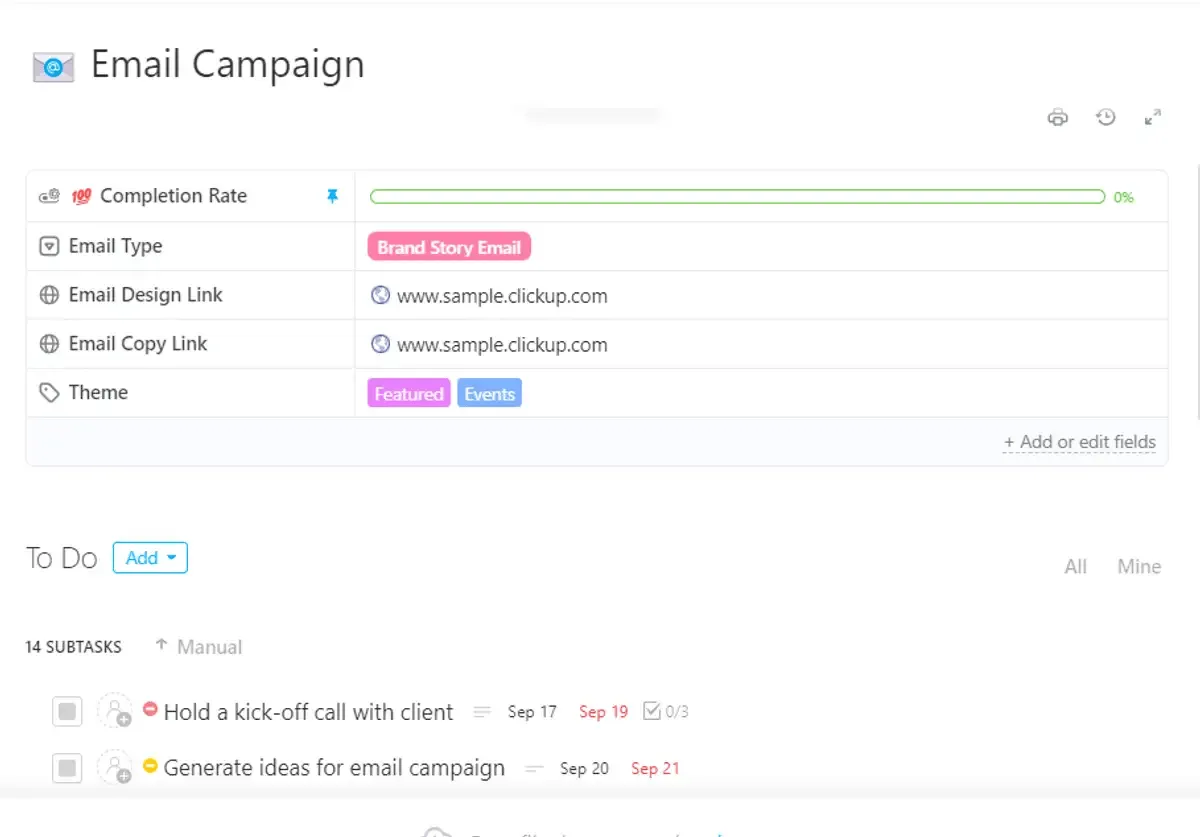 Créez plus rapidement des campagnes d'e-mails cohérentes et professionnelles grâce au modèle de campagne d'e-mails de ClickUp.