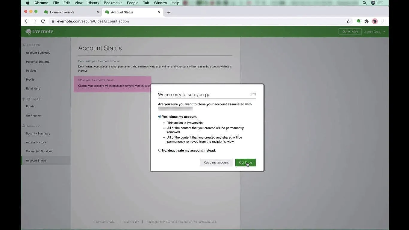 Evernote-Bestätigungs-Popup