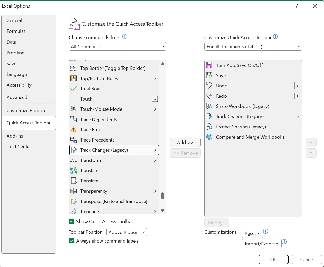 Barra di accesso rapido: controllo delle versioni in Excel