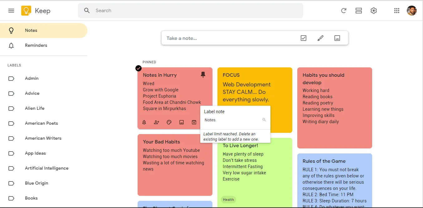 Google Keep (الأفضل لتدوين الملاحظات بسرعة وبأسلوب بسيط)